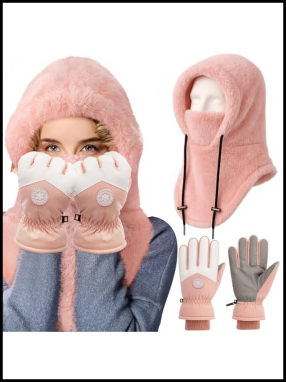 Fleece Ski Mask Balaclava Touchscreen Gloves Windproof Set